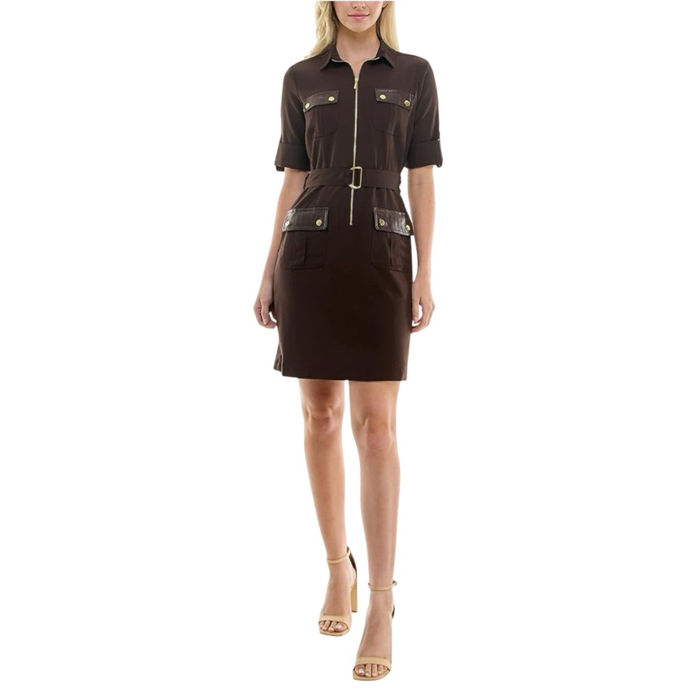 New! SHARAGANO Casual Short Sleeve Espresso Front Zip Dress  Size 14 - Picture 6 of 16